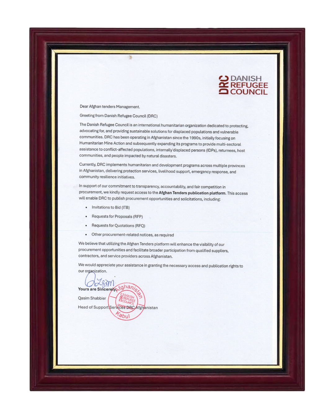 Danish Refugee Council (DRC) for awarding a Certificate of Appreciation to Afghan Tenders.